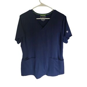 HH Works by Healing Hands Navy Blue V-Neck Scrub Top Womens L Medical Hospital